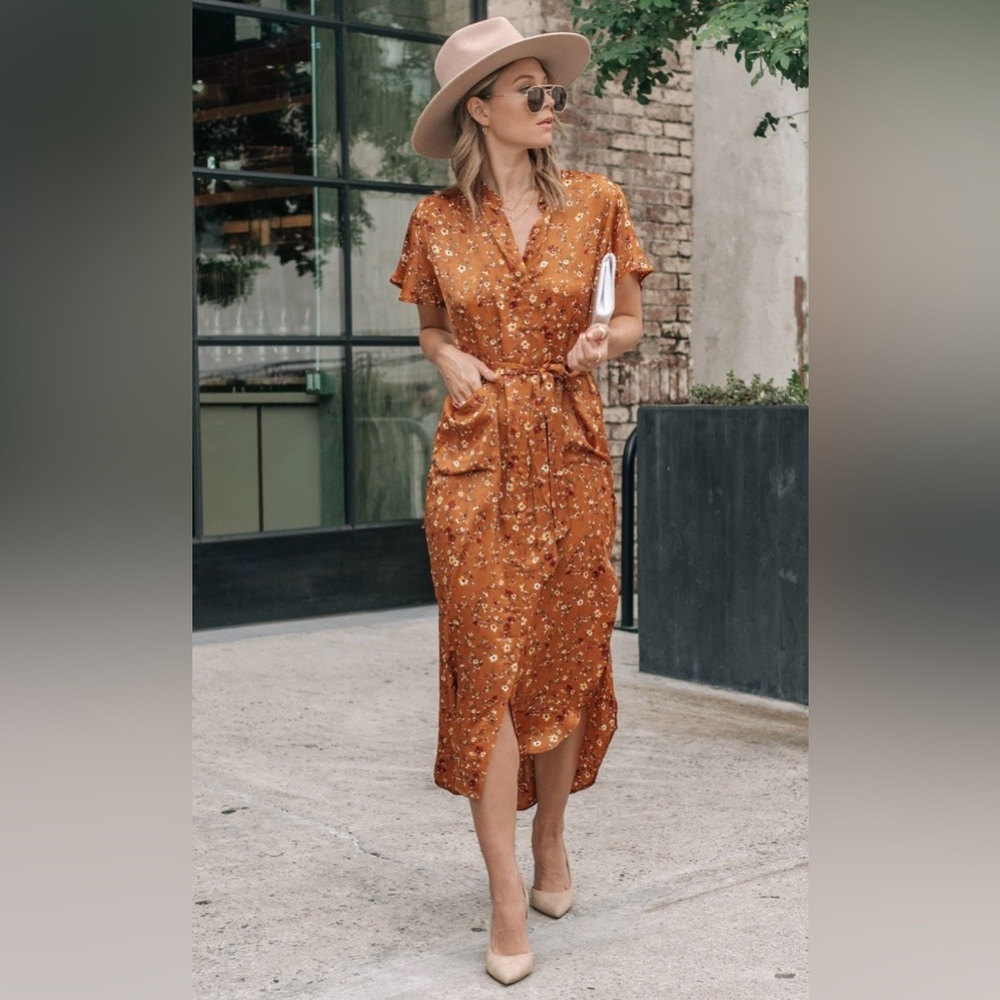 Lovestitch | Sweet As Honey Floral Midi Dress | Small | Caramel